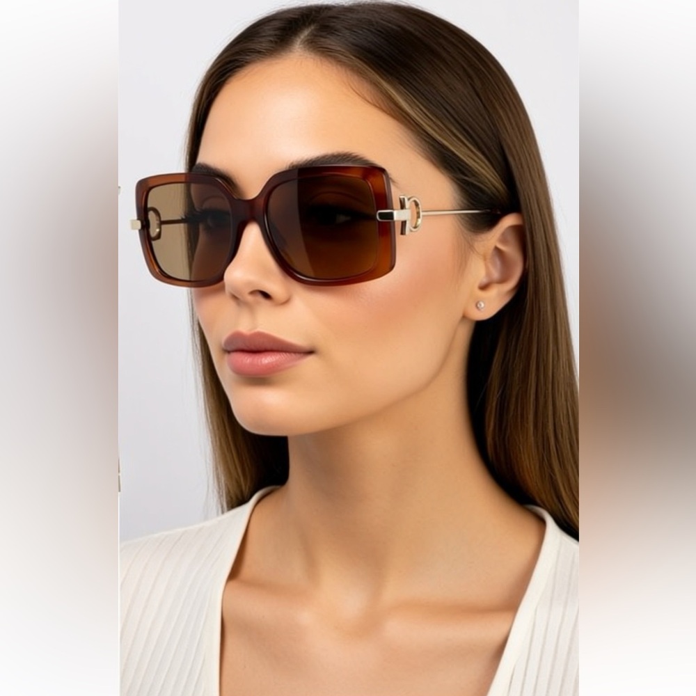 NWT Salvatore Ferragamo Gancio 55mm Square Tan and Gold Sunglasses